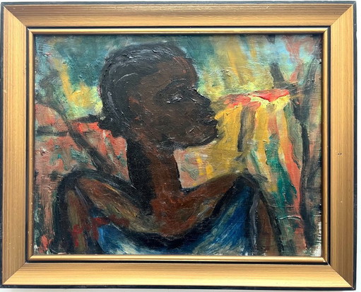 Portrait expressionniste sur panneau – vers 1950–1965 – schilderijen tekeningen, Wood, Canvas