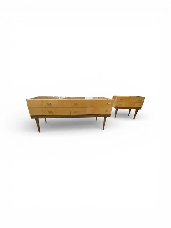 Coiffeuse / Commode Vintage Mid Century – Placage Érable – Poignées Laiton – Plateau Verre – Années 50/60 – (photo 17 of 17)