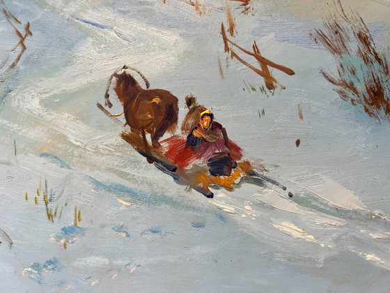 Image 1 of Original Oil Painting Winter Village Landscape Cozy winter evening