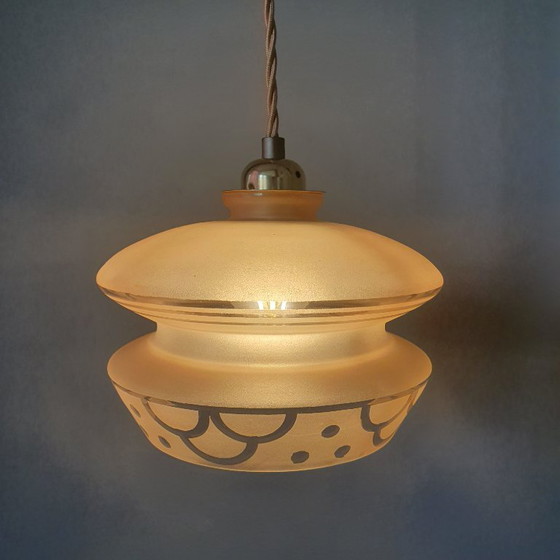 Image 1 of Vintage hanglamp - rose opaline glas met frosted textuur en decoratie 