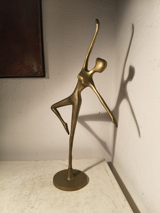 Image 1 of Vintage design modernist stylized brass sculpture of a ballerina dancer