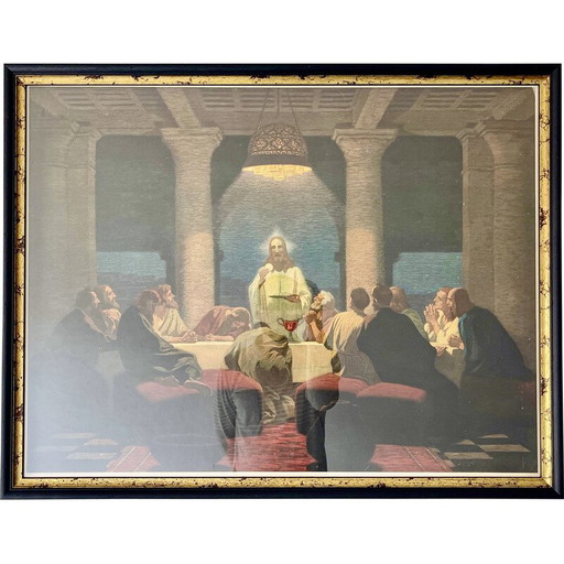 La Última Cena, impresión cristiana alemana vintage de la década de 1930 enmarcada