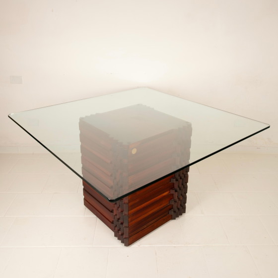 Table "Diamante" en padouk africain de style brutaliste par Luciano Frigerio avec plateau en verre, 1970 (photo 25 of 26)