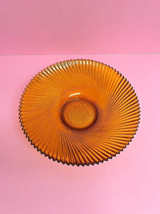 Vintage 70er Swirl Bernsteinglas Amber Sunburst Obstschale Sägezahnkante orange
