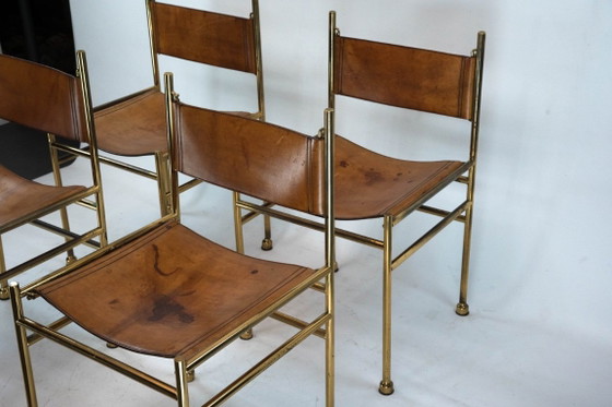 Image 1 of Set van 4 messing en lederen stoelen van Luciano Frigerio, Italië, jaren 70.