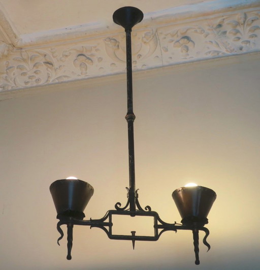 Lustre brutaliste à deux bras en fer forgé et cuivre, années 1960
