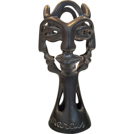 Vintage black enameled terracotta candlestick with 4 faces, 1970s