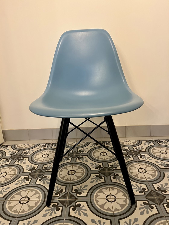 Image 1 of 4X Vitra Eames Plastic Side Chair Re Dsw Ice Grey, Black Maple Wood Base