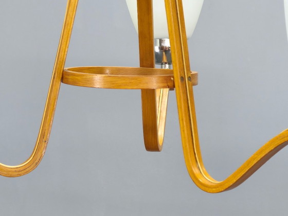 Image 1 of Pair of Czech Mid-Century Wood and Glass Chandeliers by Dřevo Humpolec