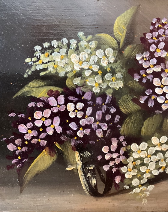 Image 1 of French Floral Oil Painting on Solid Wood Panel with Original Carved Frame, c. 1950