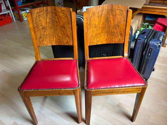 Beautiful Art Deco Dining Table with 6 newly upholstered chairs, Dining set, Wood, Brown (photo 4 of 5)