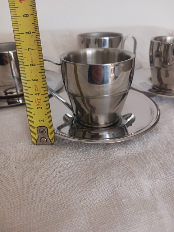 Image 1 of Set Van 4 RVS Espresso en Koffie Kop en Schotel Jaren '80