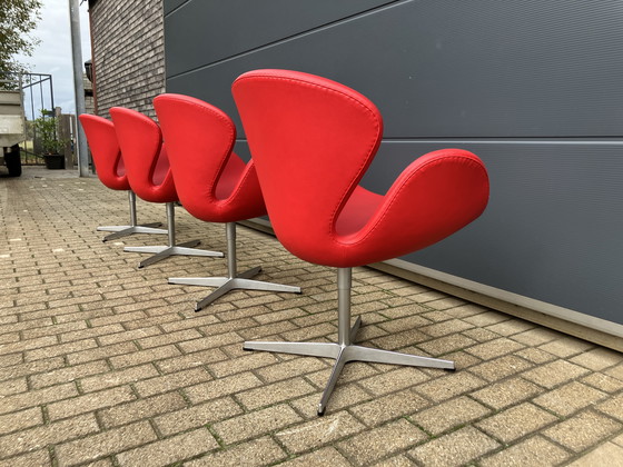 Image 1 of 4X Original Red Leather Fritz Hansen Swan Chairs Top condition!