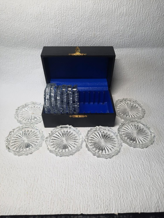 Image 1 of (W028) Rare Complete Set: 12 Vintage Crystal Coasters with Original Luxury Box
