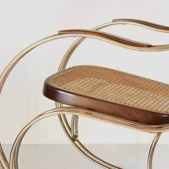 1x 1970s Thonet-Style Rocking Chair, Brass & Wicker, Mid-Century Modern – Rattan (photo 7 of 12)