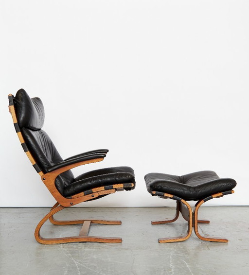 Skandinavischer Leder-Freischwinger mit Fußhocker von Elsa & Nordahl Solheim für Rybo Rykken, 1960er Jahre, 2er-Set