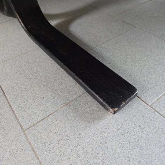 Image 1 of SOFA CANAPE SCANDINAVE 2 PLACES 1970 VINTAGE EN CUIR NOIR & BOIS COURBE 70S 1970