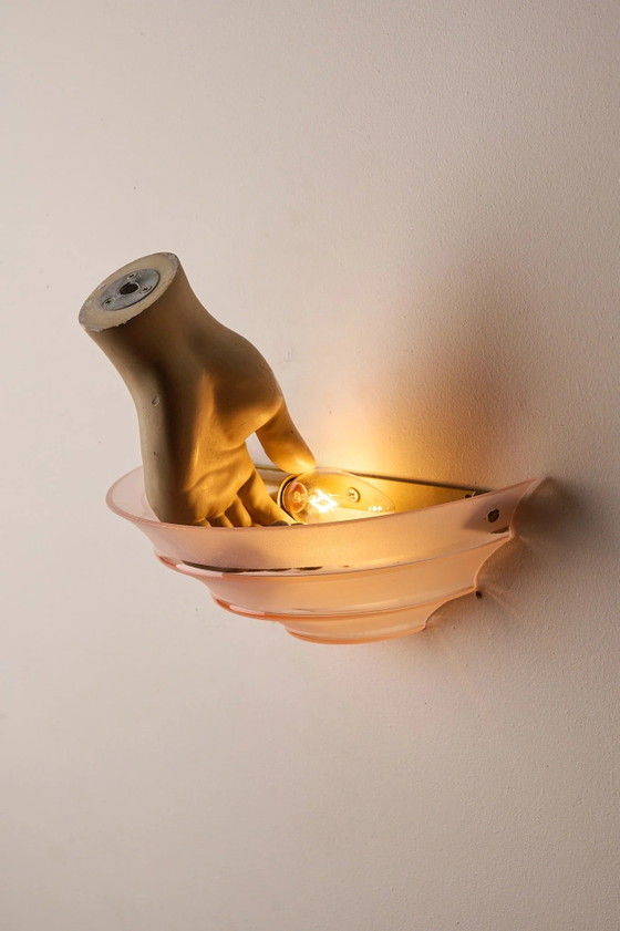 Mid-Century Pink Glass Shell Wall Sconce with Clear Stripes, Wall lights, Mid Century Modern (photo 8 of 8)