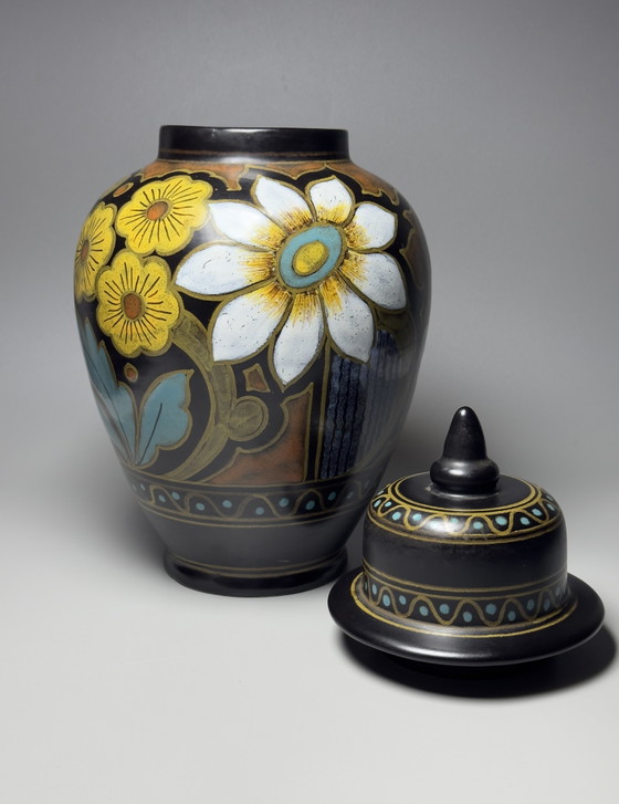 Image 1 of Royal Plateel Zuid-Holland “Lotea” Hand-Painted Lidded Vase
Gouda, The Netherlands, circa 1920s–1930s