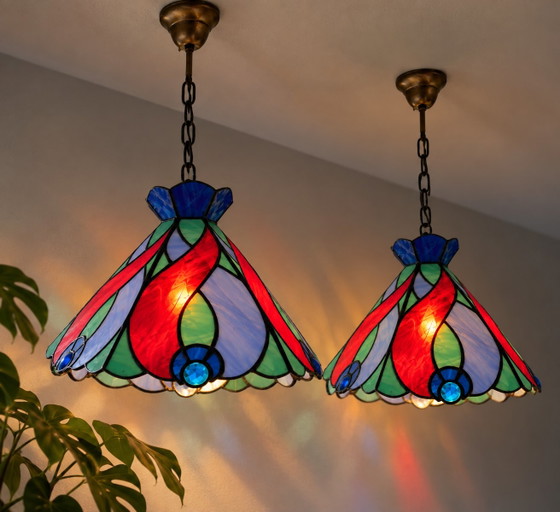 Set di 2 Lampade a sospensione colorate stile Tiffany – Vetro colorato – Look vintage – Glass (photo 3 of 9)