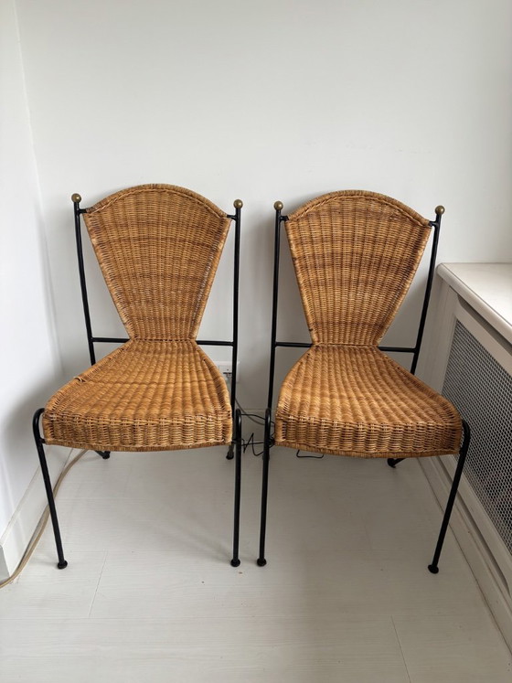 Set aus 6 Frederic Weinberg Stühlen, 1950er Jahre, Frederick Weinberg, Esszimmerstühle, Metall, Rattan (Foto 10 von 13)