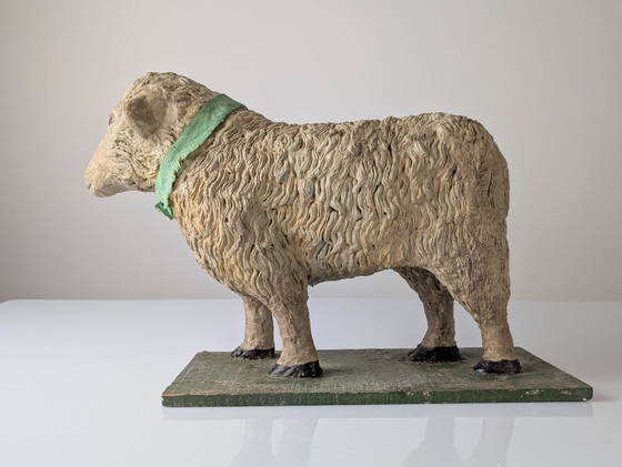 Image 1 of Pair of Large Stucco Sheep Sculptures, Early 20th Century, Farm Animals