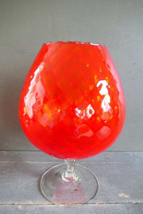 Vintage Empoli Optically Blown Glass Vase Red on Base (photo 3 of 7)