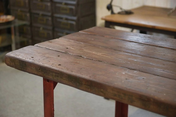 Industrielle Werkbank 1950er Jahre – Schreibtisch, Holz, Polierter Stahl, Industrieel (photo 11 of 15)