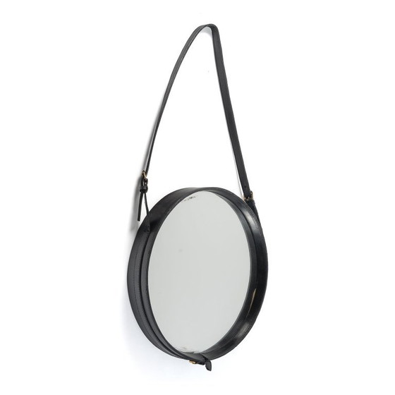 Lederriemen Spiegel zugeschrieben an Jacques Adnet, Frankreich, 1950er Jahre – Glass, Leather (photo 2 of 7)