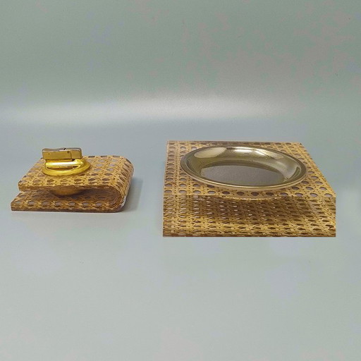 1970s Stunning Smoking Set in Vienna Straw by Geolel. Made in Italy