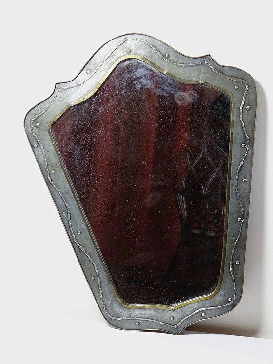 Miroir brutaliste de Jean Goardère, laiton et étain, années 1970. – Bois, Métal (photo 15 of 17)