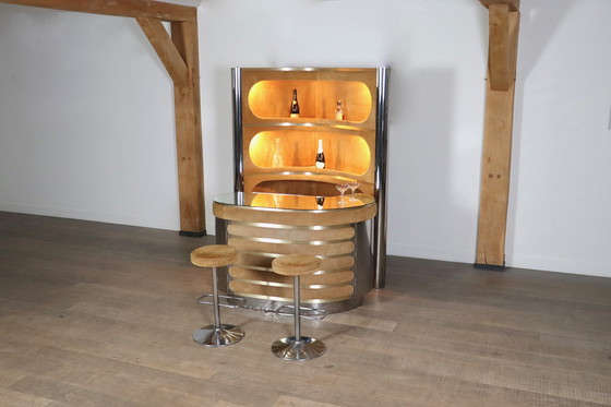 Image 1 of Suede and Chrome Dry Bar with Barstools in Cognac by Willy Rizzo, Italy 1970s