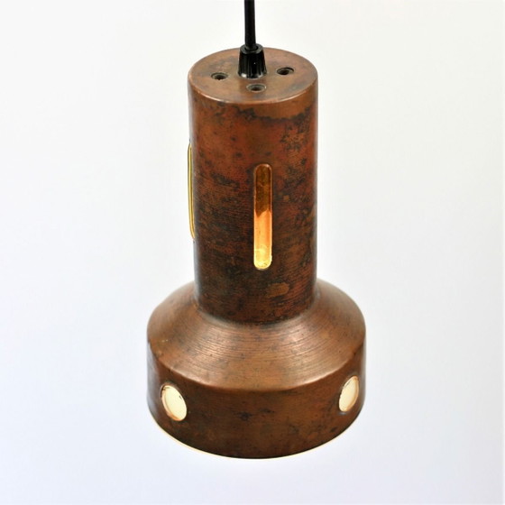 Image 1 of Ensemble de 2 suspensions Nanny Still pour Philips / Peill & Putzler, cuivre oxydé et verre ambré, années 1960
