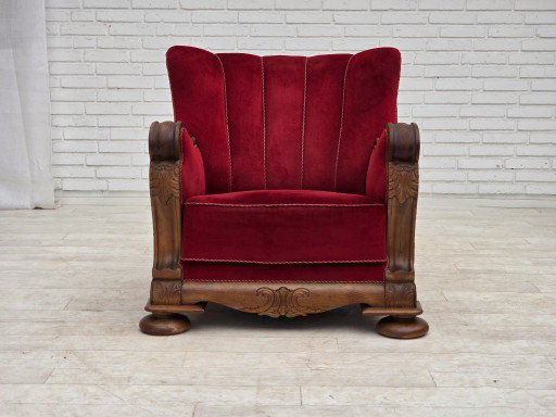 Fauteuil relax danois des années 1950, revêtement en velours, bois de chêne sculpté.
