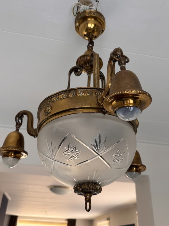 Antique Art Deco Pendant Lamp Brass with Cut Glass 3 Arms and 4 Light Points (photo 4 of 5)