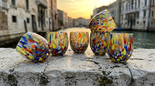 Set di 6 bicchieri in vetro soffiato veneziano con murrine Effetre Murano fuse nel vetro, hand made in italy