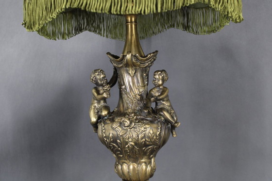 Image 1 of 1940s Restored Brass and marble Table Lamp with Fabric Shade