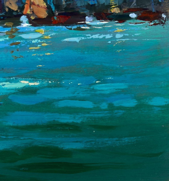 Image 1 of Original Oil Painting Gloomy City Landscape Fishermen greet the dawn at sea