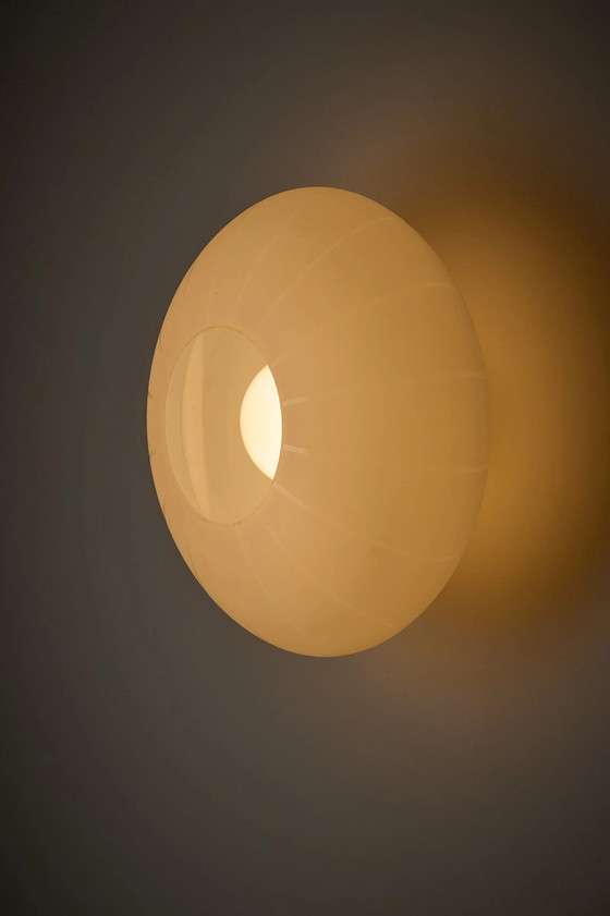 Large Striped Opaline Glass Flush Mount Ceiling Light, Metal, White (photo 5 of 11)