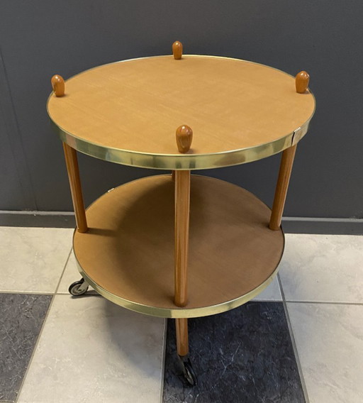 Wood Round Serving Trolley Side Table 1960s