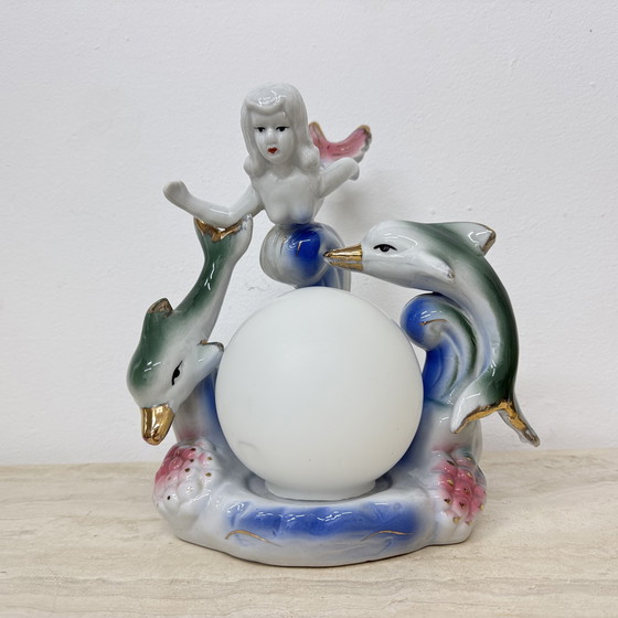 Image 1 of Dolfijn en zeemeermin Kleurrijk keramiek Vintage Tafellampje, 1970
