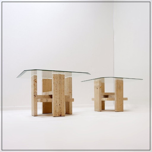 Pair of travertine and glass side tables, signed Willy Ballez, Belgium, 1970s