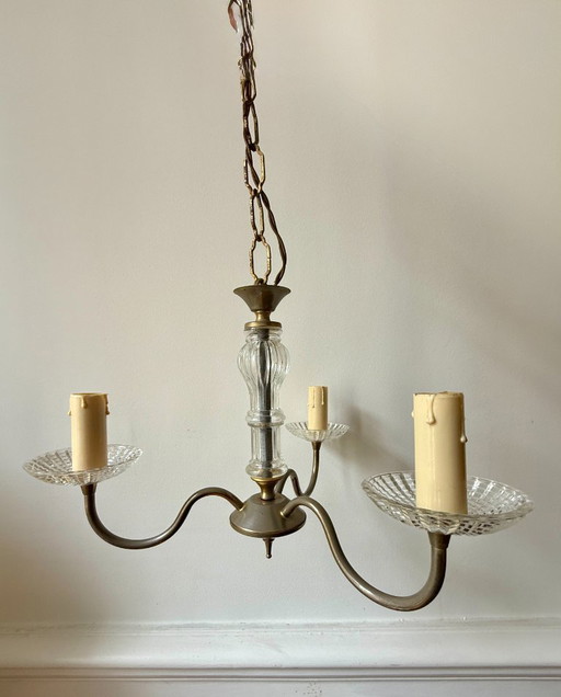 Kroonluchter van messing en glas met 3 armen