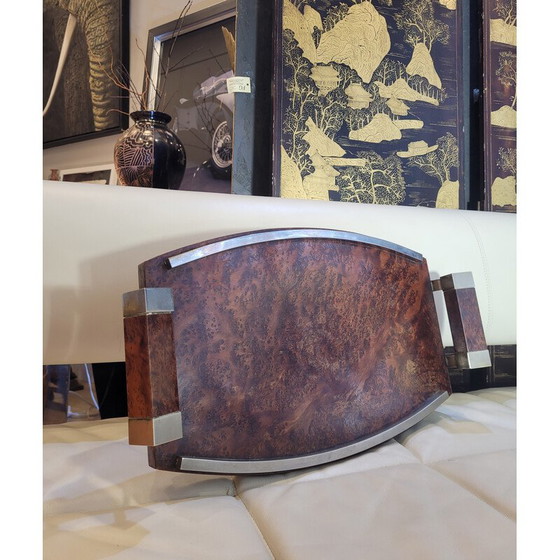 Image 1 of Vintage art deco serving tray in root or lupia wood and chrome steel, France 1930