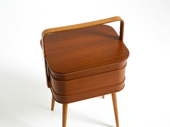 Image 1 of Beautiful original Mid Century teak sewing box with hinged compartments