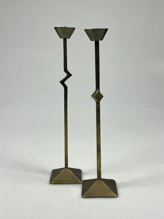 Image 1 of Vintage Zig Zag Candlesticks, Set of Two, Brass, Memphis Style, 1980s
