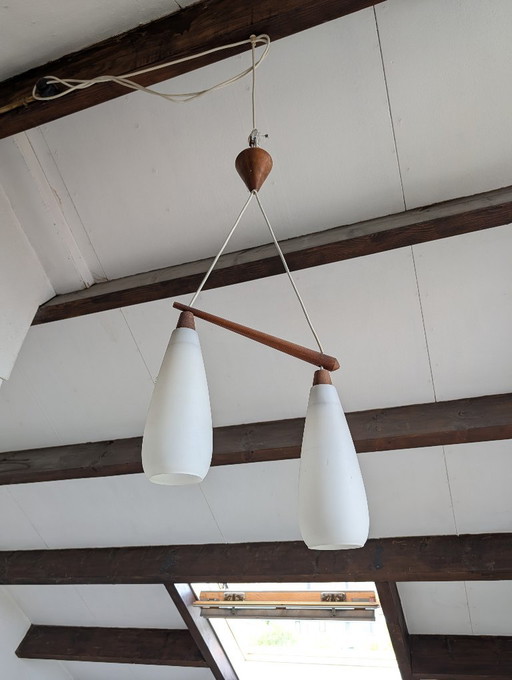 Lámpara colgante de mediados de siglo con 2 luces – hanglampen, Wood, Glass