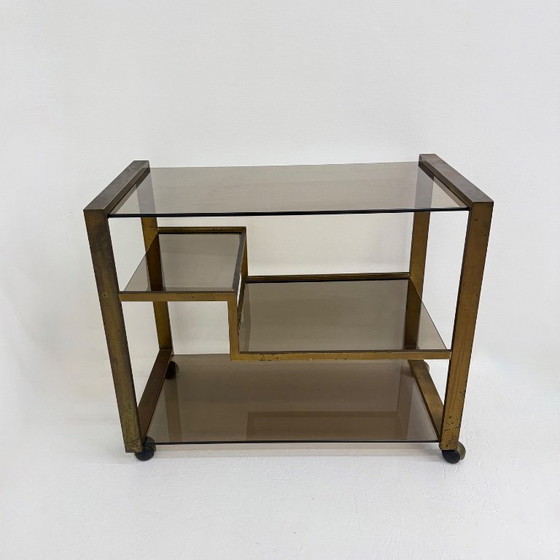 Image 1 of Barwagen aus Messing mit Rauchglas aus der Mitte des 20. Jahrhunderts, 1970er Jahre
