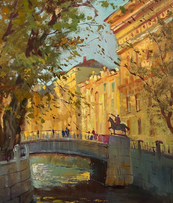 Image 1 of Original Oil Painting Autumn City Landscape The quiet whisper of a city park