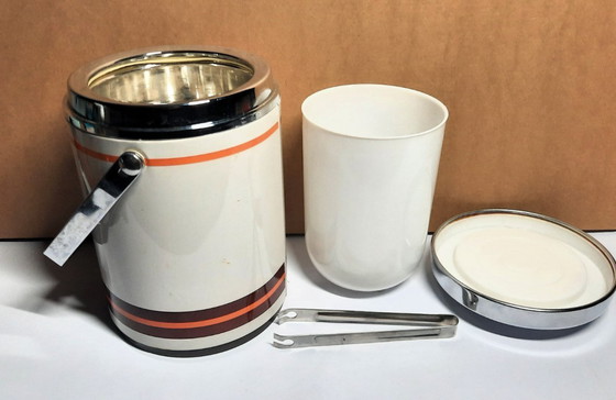 Image 1 of Vintage 1970s Himalaya Ice Jar – Retro Orange Stripes Ice Bucket with Tongs – Mid-Century Bar Essential